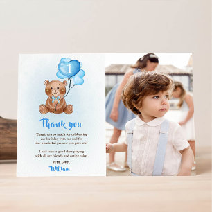 Blue Bear Balloon Birthday Photo Thank You Card