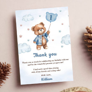 Blue Bear Balloon Birthday Photo Thank You Card