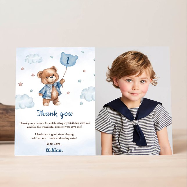 Blue Bear Balloon Birthday Photo Thank You Card (Creator Uploaded)