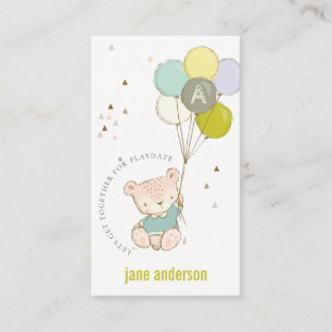 Blue Bear Balloon Monogram Kids Playdate Calling Business Card