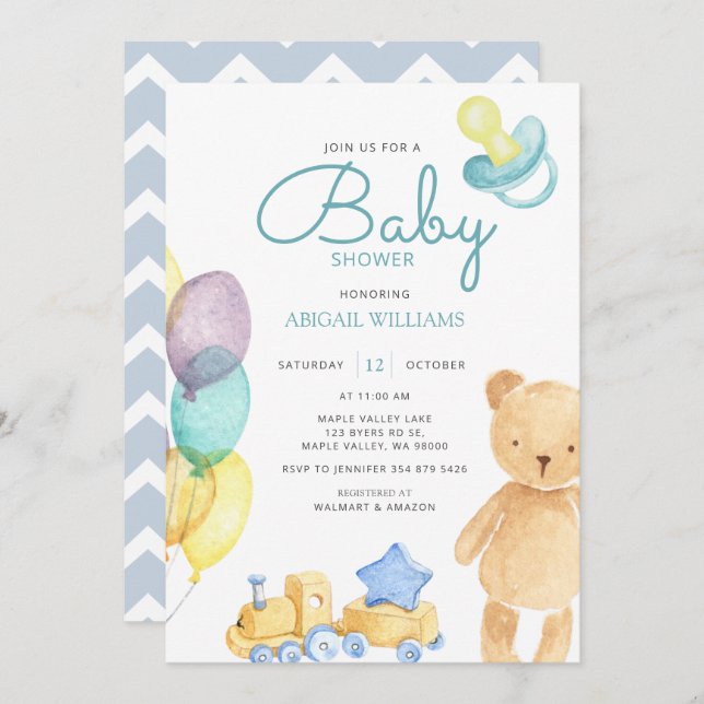 Blue Bear & Balloon Watercolor - Cute Baby Shower Invitation (Front/Back)