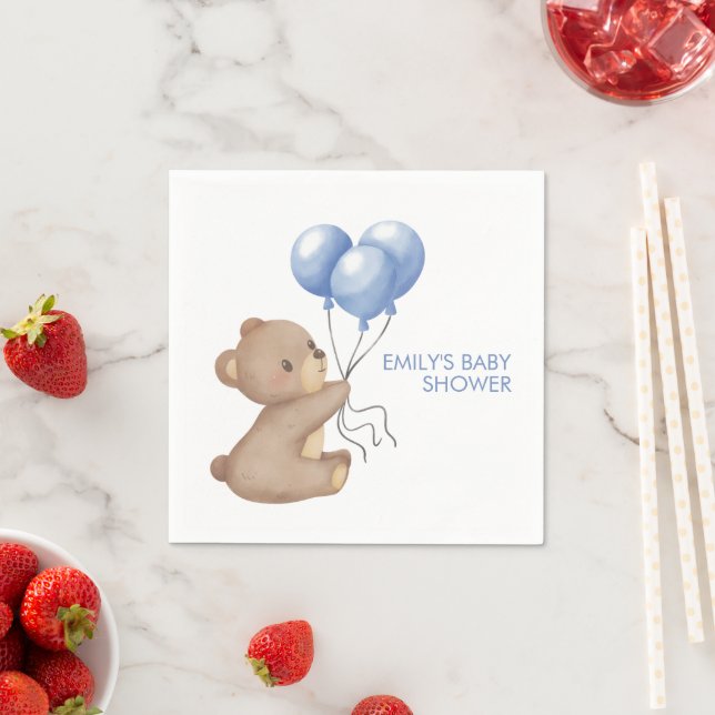 Blue Bear Balloons Boy Baby Shower Napkin (Insitu)