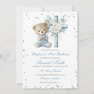 Blue Bear Baptism & First Birthday Invitation