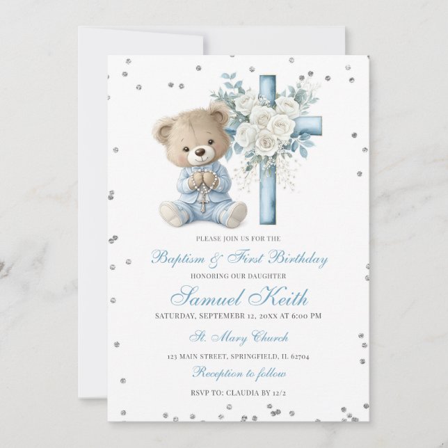 Blue Bear Baptism & First Birthday Invitation (Front)