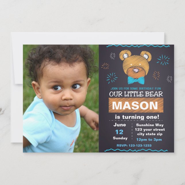 Blue Bear Birthday Invitation with photo (Front)