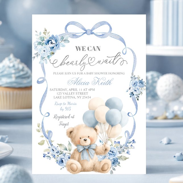 Blue Bear Bow Coquette Baby Shower Invitation (Creator Uploaded)