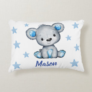 Blue Bear boy with stars  Custom name Pillow