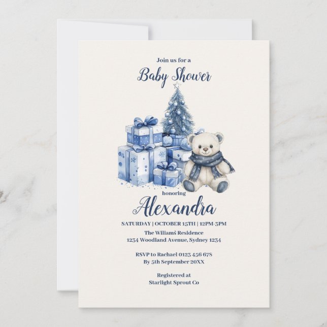 Blue Bear Christmas Baby Shower Invitation (Front)