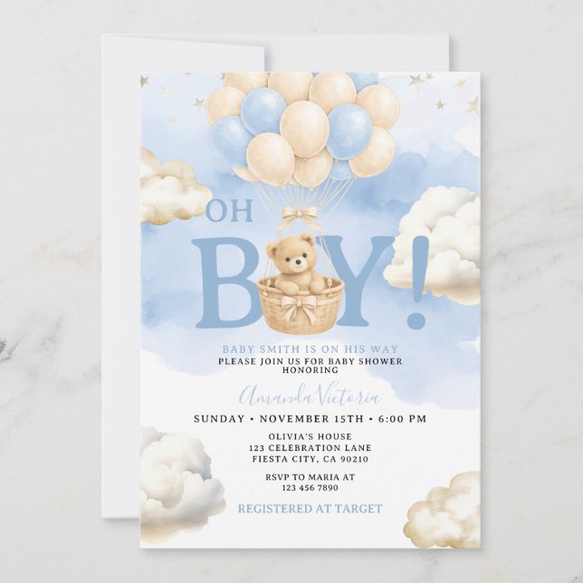 Blue Bear Cloud Balloon Baby Shower Invitation (Front)
