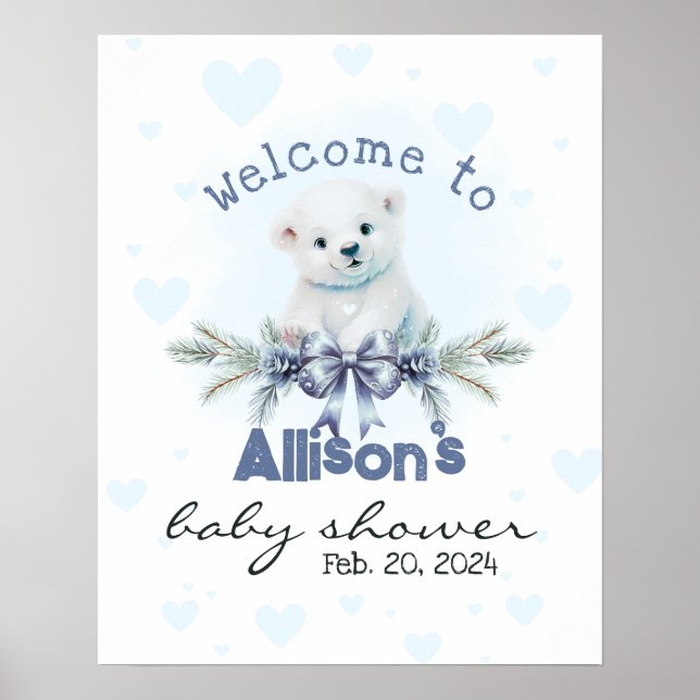 Blue Bear Cub Cute Baby Shower Welcome Sign (Front)