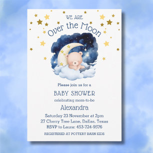 Blue Bear Gold Stars Over the Moon Baby Shower  Invitation
