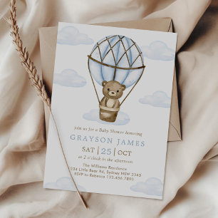 Blue Bear Hot Air Balloon Baby Boy Shower Invitation