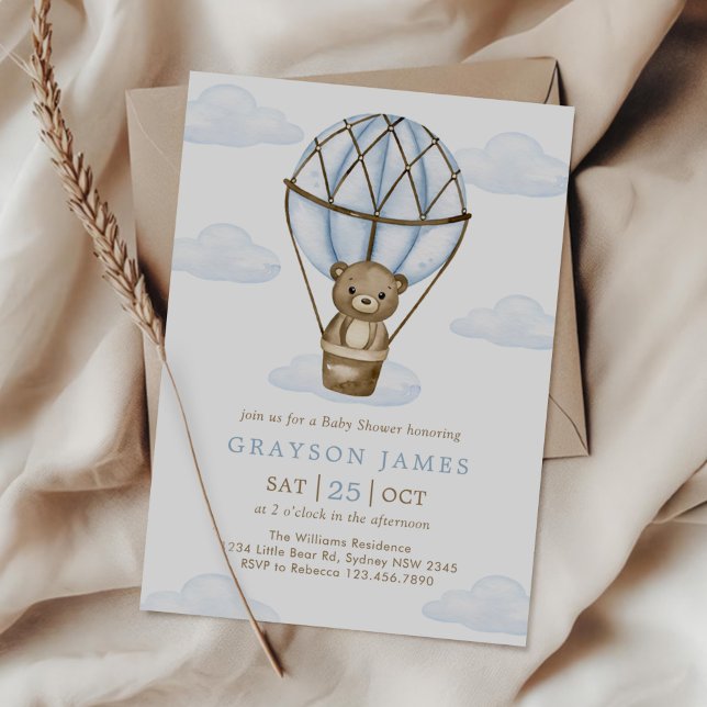 Blue Bear Hot Air Balloon Baby Boy Shower Invitation (Creator Uploaded)
