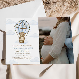 Blue Bear Hot Air Balloon Baby Boy Shower Photo Invitation