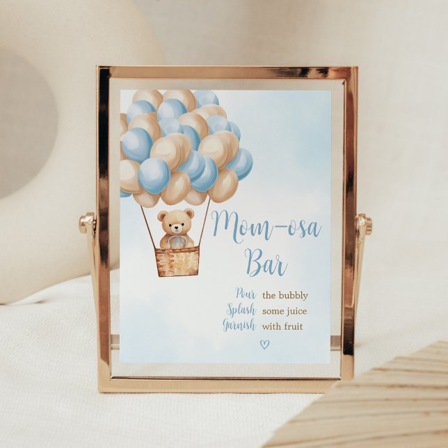 Blue Bear Hot Air Balloon Baby Shower Mum Osa Bar Poster (Boy Boho Bear Baby Shower Mom Osa Bar Sign)