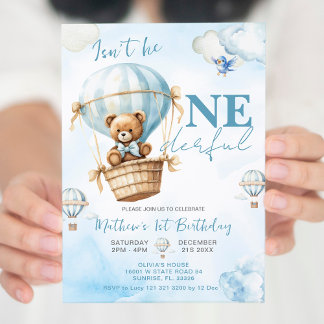 Blue Bear Hot Air Balloon Boys 1st Birthday Invitation
