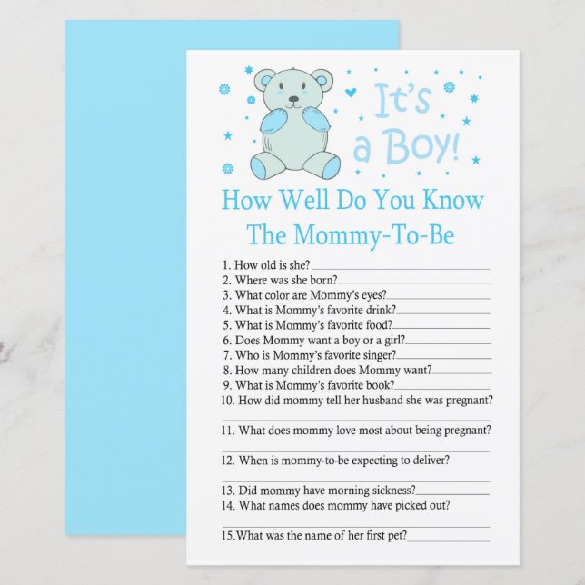 Blue bear How well do you know baby shower game (Front/Back)