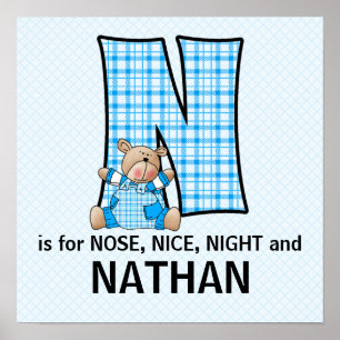 Blue Bear Monogram "N" Baby Room Poster