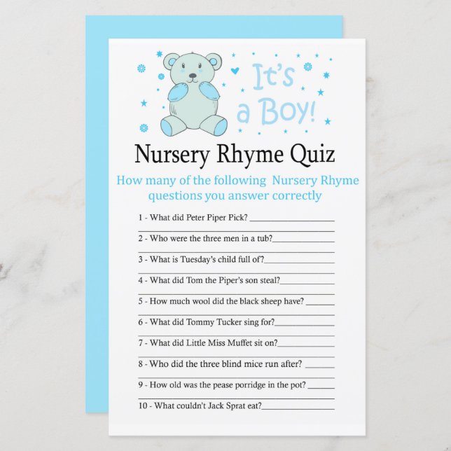 Blue bear Nursery Rhyme Quiz baby shower game (Front/Back)