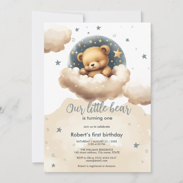 Blue bear on clouds baby shower invitation  (Front)