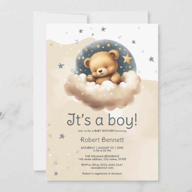 Blue bear on clouds baby shower invitation  (Front)
