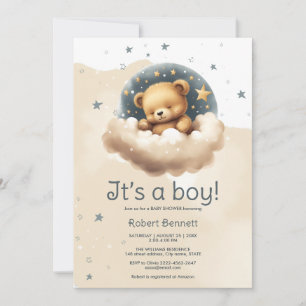 Blue bear on clouds baby shower invitation 