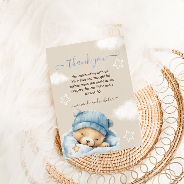 Blue Bear On The Clouds Baby Boy Shower  Thank You Card (Creator Uploaded)