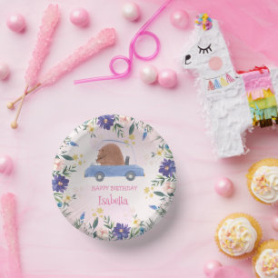 Blue Bear Race car Tropical flower Birthday party Paper Plate