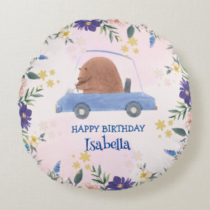 Blue Bear Race car Tropical flower Birthday party Round Cushion