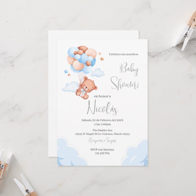 Blue Bear Spanish Baby Shower Boy invitation (Front/Back In Situ)