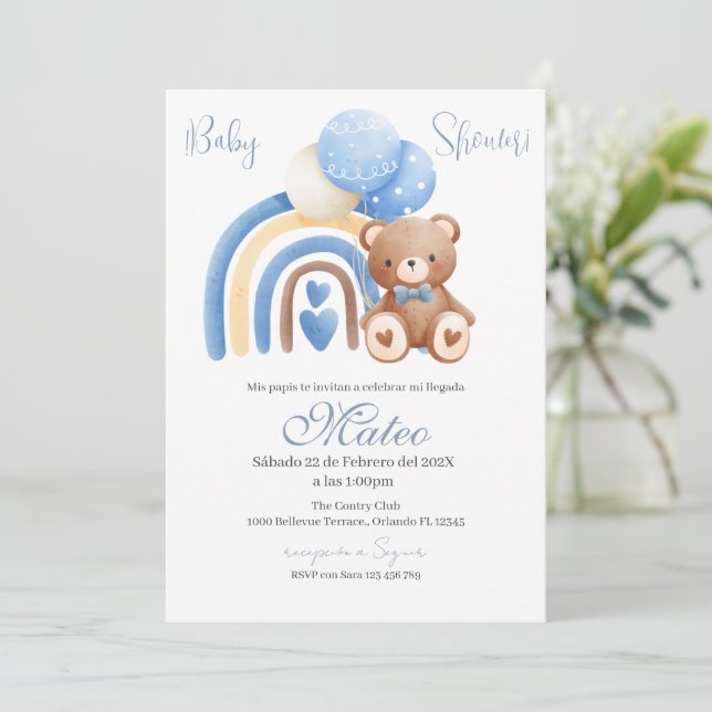 Blue Bear Spanish Baby Shower Boy invitation (Standing Front)