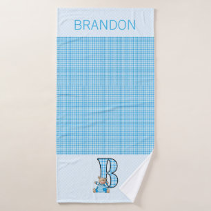 Blue Bear with Letter B in Gingham Checks Bath Towel