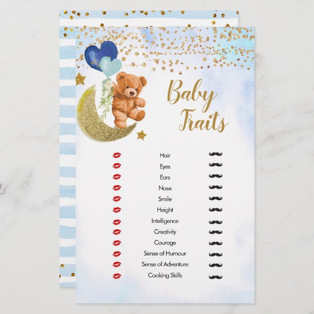 Blue Bearly Baby Traits Games Shower (Front/Back)