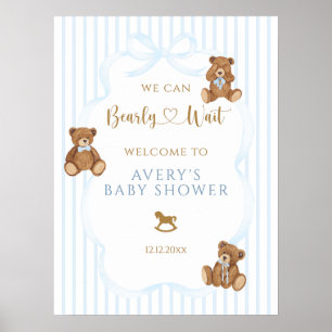 Blue Bearly Wait Baby Shower Elegant Stripe Poster