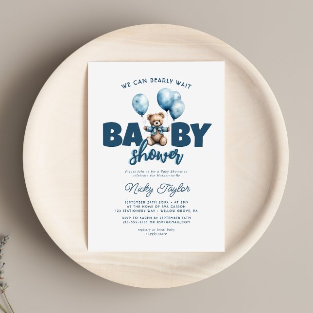 Blue Bearly Wait Baby Shower Invitation (Creator Uploaded)