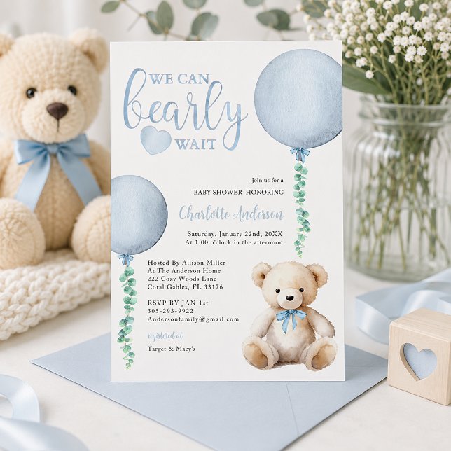 Blue Bearly Wait Baby Shower Invitation Boy (Baby shower invite with pastel accents)