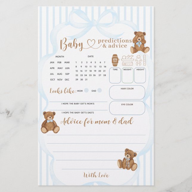 Blue Bearly Wait Baby Shower Prediction Game (Front)