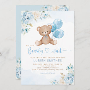 Blue Bearly Wait Boho Teddy Bear Boy Baby Shower Invitation