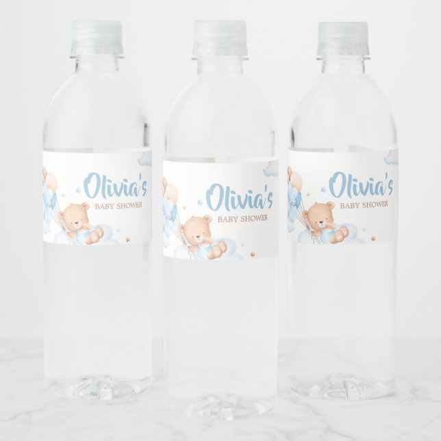 Blue Bearly Wait Clouds Baby Shower  Water Bottle Label (Bottles)
