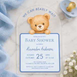 Blue Bearly Wait Cute Teddy Bear Baby Boy Shower  Acrylic Invitations