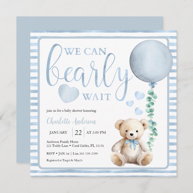 Blue Bearly Wait Teddy Bear Baby Shower Invite (Front/Back)