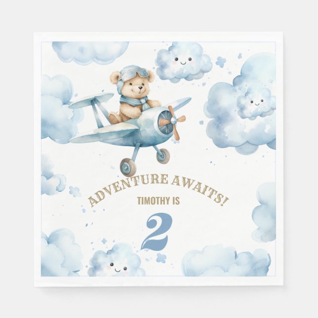 Blue Bear's Birthday Bonanza: Flying into Year 2 Napkin (Front)