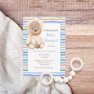 Blue Beary Special Stripe Bear Baby Shower Invitation