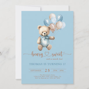 Blue Beary Sweet Boy 1st Birthday Teddy Bear Brown Invitation