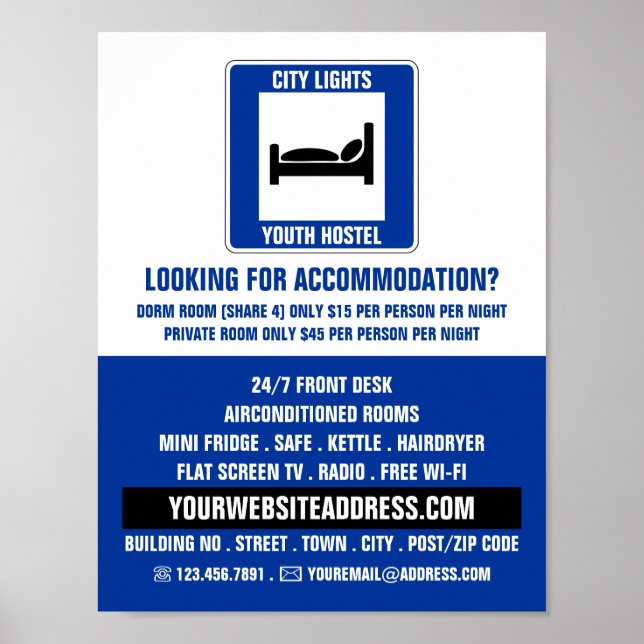 Blue Bed Logo, Hostel Accommodation Advertising Poster (Front)