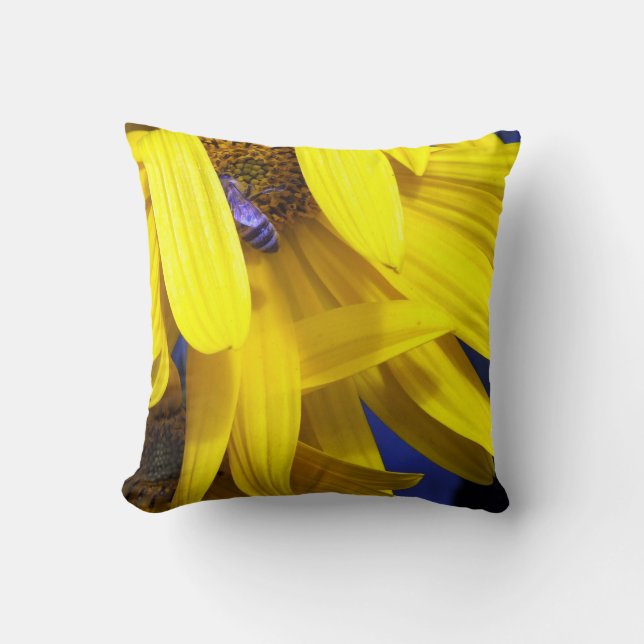 Blue Bee On Yellow Sunflower Throw Pillow (Front)