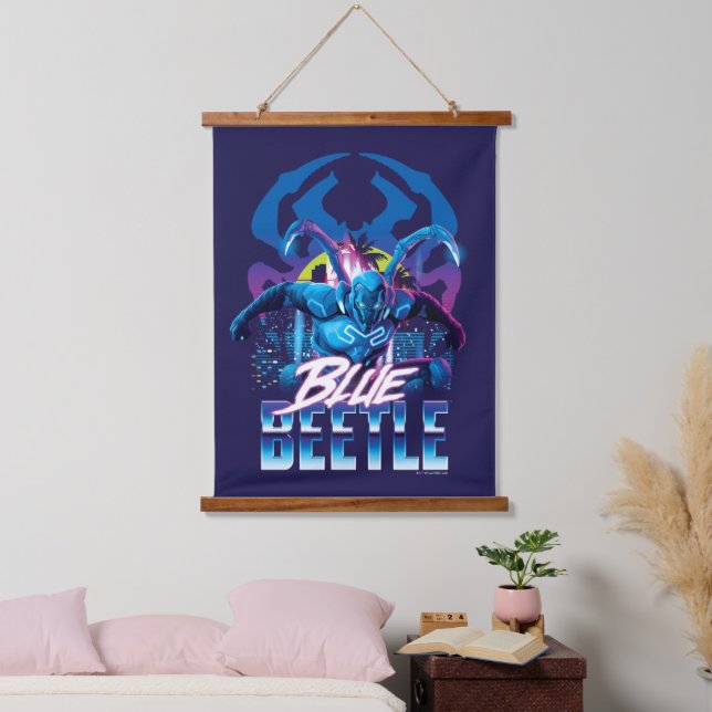 Blue Beetle Retrowave City Sunset Hanging Tapestry (Bedroom)