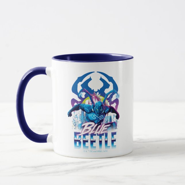 Blue Beetle Retrowave City Sunset Mug (Left)