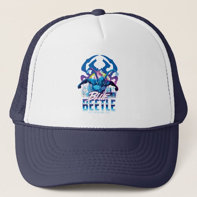 Blue Beetle Retrowave City Sunset Trucker Hat (Front)