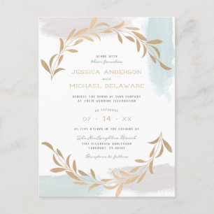 Blue & Beige Aquarelle Brushed Botanical Wedding Invitation Postcard